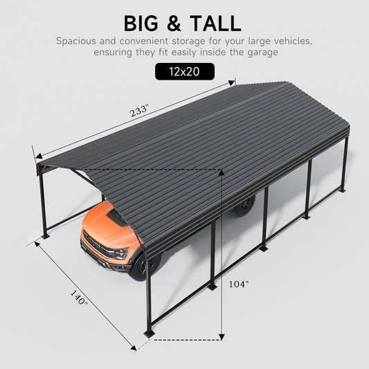 EASYHAWK 12 ft. W x 20 ft. D Metal Carport Steel Car Canopy and Shelter, Heavy Duty Carport for Cars, Boats, and Tractors, Grey