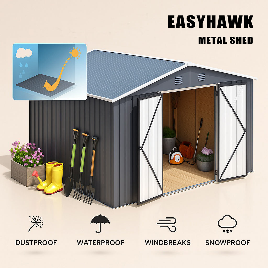 EASYHAWK 10 ft. W x 12 ft. D Outdoor Metal Shed Storage Heavy Duty Outdoor Storage for Tools & Equipment