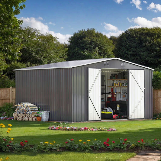 EASYHAWK 10 ft. W x 12 ft. D Outdoor Metal Shed Storage Heavy Duty Outdoor Storage for Tools & Equipment