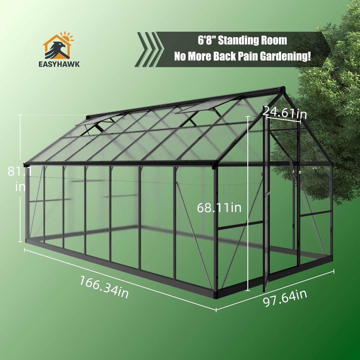 EASYHAWK 8 Ft. W x 14 Ft. D Outdoor Polycarbonate Greenhouse With Quick Setup, Roof Vent, and Aluminum Frame