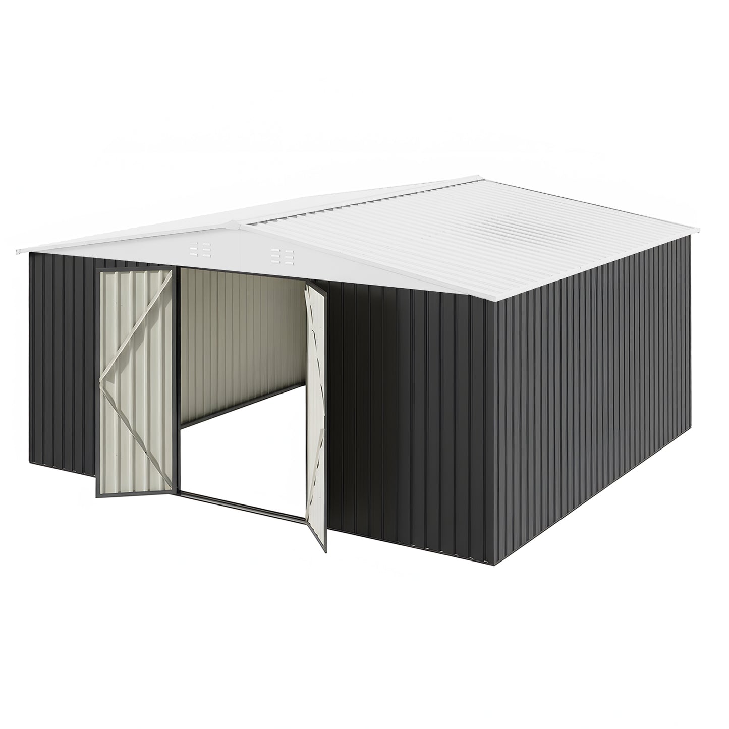 EasyHawk 14 ft x 12 ft Heavy-Duty Steel Outdoor Storage Shed with Lockable Doors, White Roof Garden Tool Shed