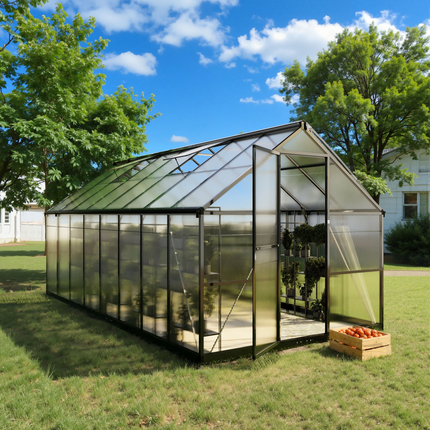 EASYHAWK 8 Ft. W x 16 Ft. D Outdoor Polycarbonate Greenhouse With Quick Setup, Roof Vent, and Aluminum Frame, black