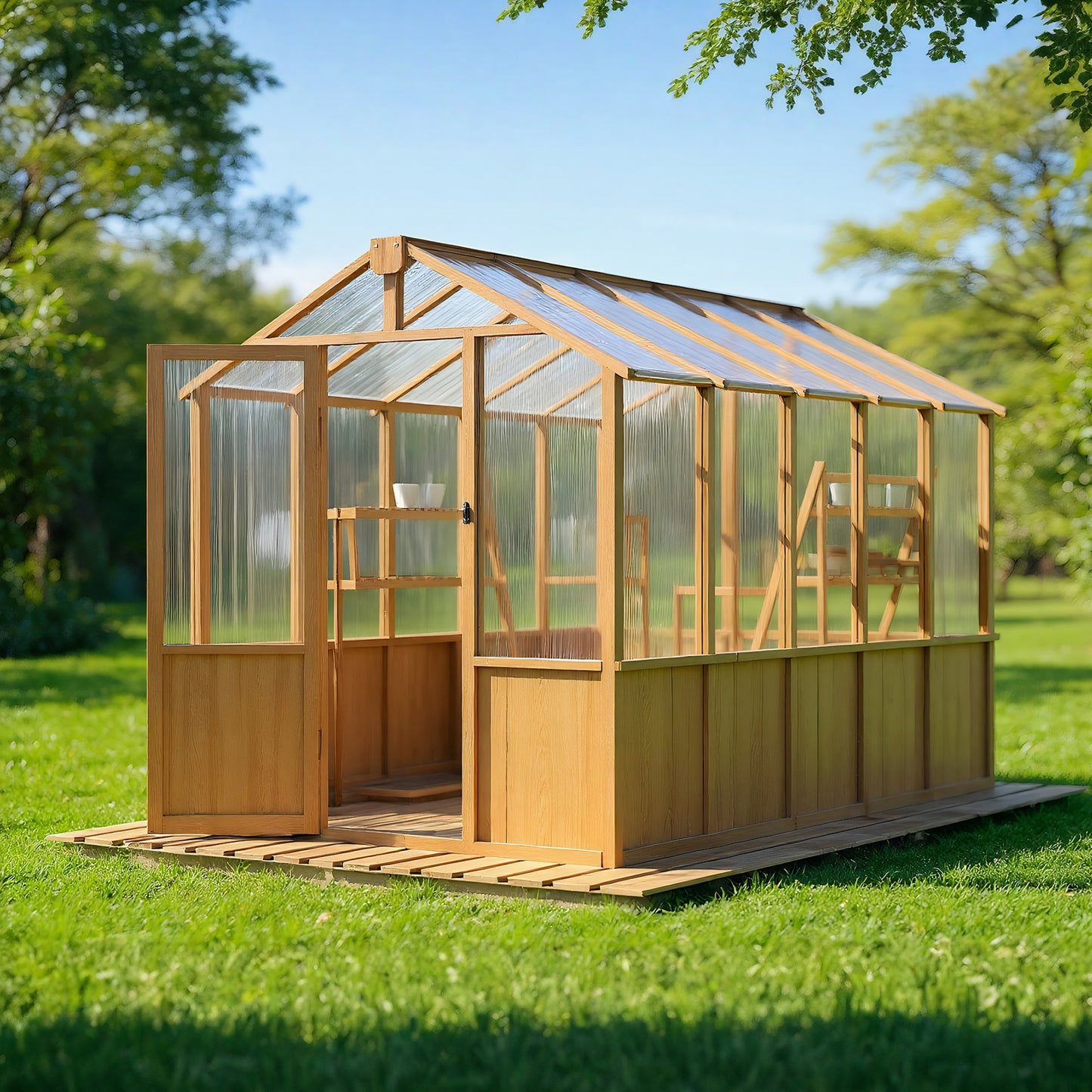 EASYHAWK 6 ft. W x 10 ft. D Wood Greenhouse for Outdoors,Polycarbonate Panel Wooden Walk-in Greenhouse Kit and Adjustable Roof Vent with Lockable Door,Backyard Garden,Patio, Lawn