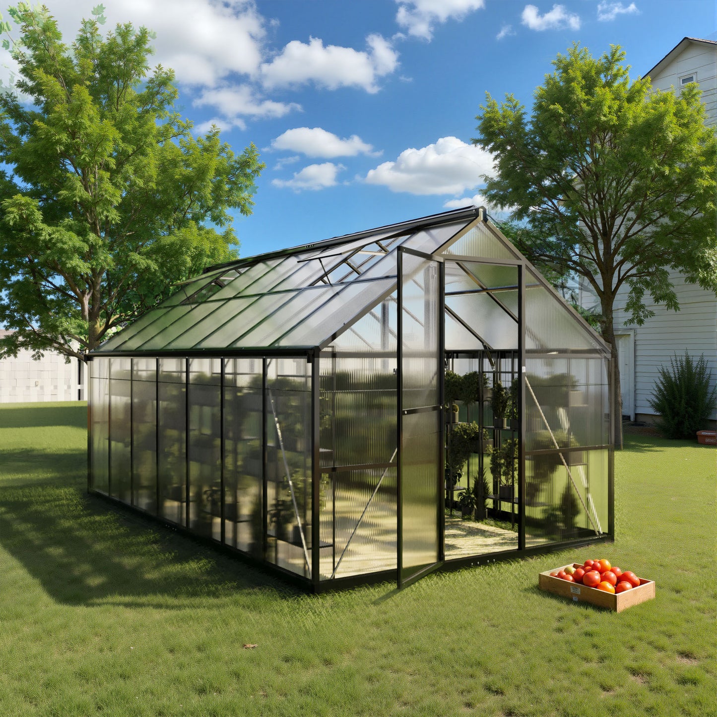 EASYHAWK 8 Ft. W x 14 Ft. D Outdoor Polycarbonate Greenhouse With Quick Setup, Roof Vent, and Aluminum Frame