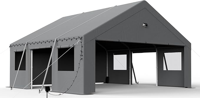 EASYHAWK 20x20 Carport Canopy, Heavy Duty Car Port, Portable Garage Carports with 4 Roll Up Doors, Grey