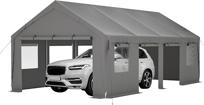 EASYHAWK 13x25 Carport Heavy Duty Portable Garage Carport Car Port Mesh Window Removable Sidewalls UV Waterproof Four Season Tarp For SUV, Boat Car Truck Gray