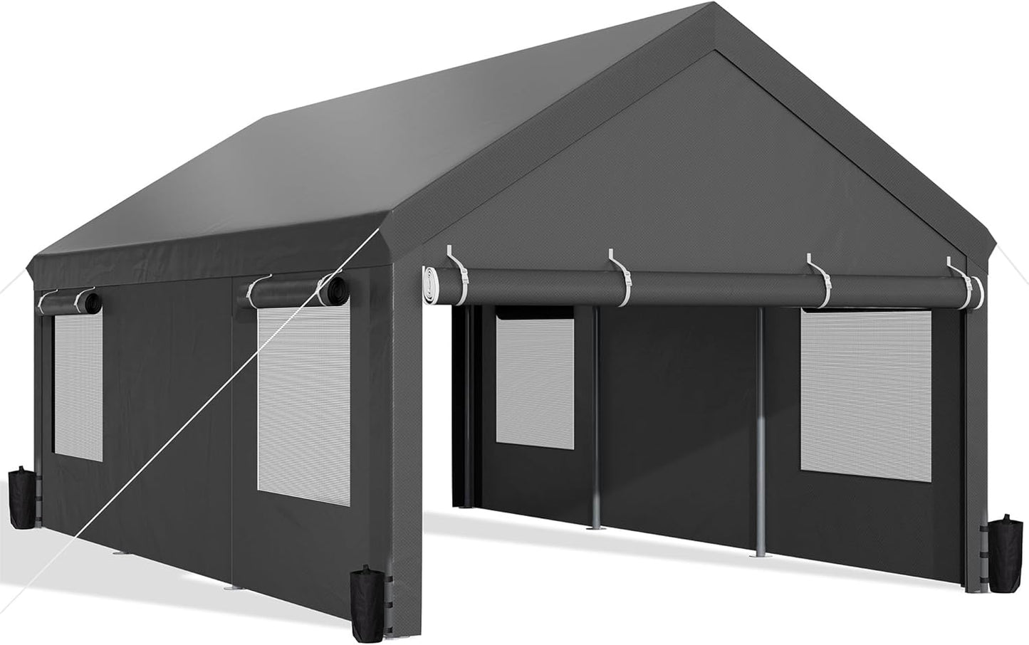 EASYHAWK Carport, 12 x 20 ft (Approx. 3.7 x 6.1 m) Heavy Duty Carport w/Roll Up Windows, Portable Garage w/Removable Sidewalls and Doors, Vehicle Awning w/Sandbags and All Season Canopy for Car Boat Truck Motorcycle