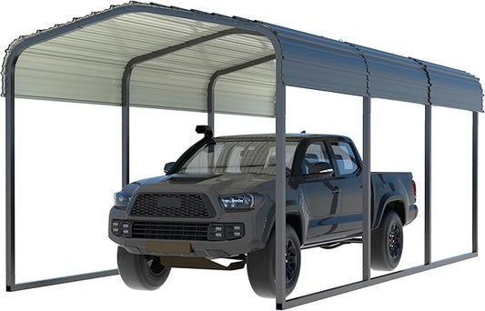 EASYHAWK 10 Inch x 15 Inch (Approx. 30.8 x 15 cm) Carport, Metal Carport with Heavy Duty Steel Roof, Upgraded Large Outdoor Carport, Car Port, Car Shelter and Sunshade, Grey