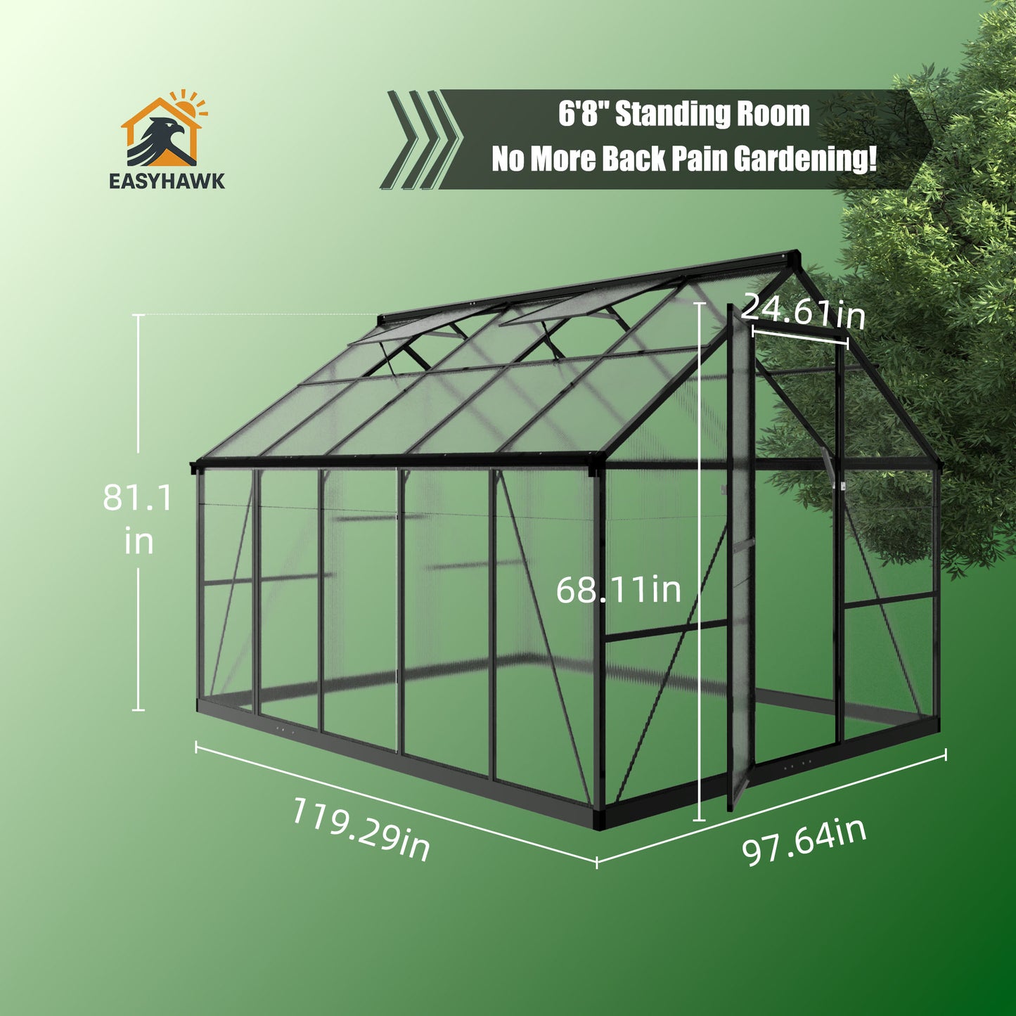 EASYHAWK 8 Ft. W x 10 Ft. D Outdoor Polycarbonate Greenhouse With Quick Setup, Roof Vent, and Aluminum Frame