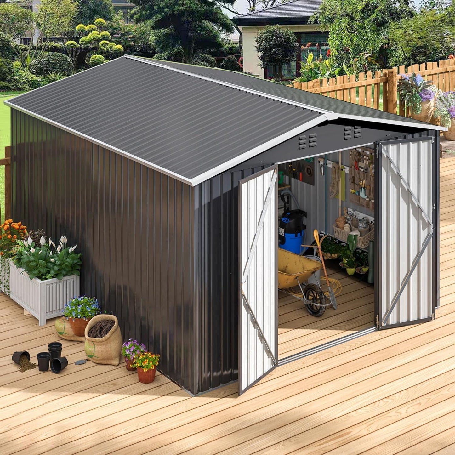 EASYHAWK 10 x 14 ft (Approx. 10 x 14 m) Outdoor Storage Shed, Metal Garden Shed, Framed Structural Renewal, For Backyard Garden Deck Lawn, Black
