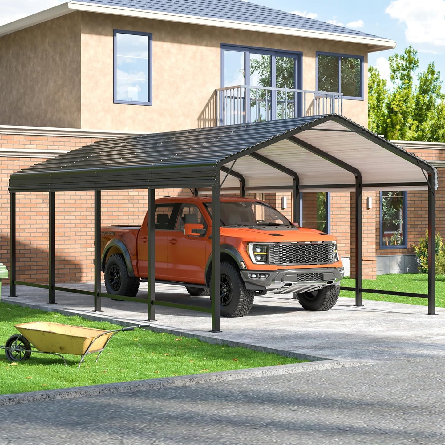 EASYHAWK Carport 12 x 20 ft (Approx. 40.6 x 20 m) Metal Carport with Reinforced Base Outdoor Heavy Duty Garage Galvanized Car Shelter for Pickups, Boats, Vehicles and Tractors
