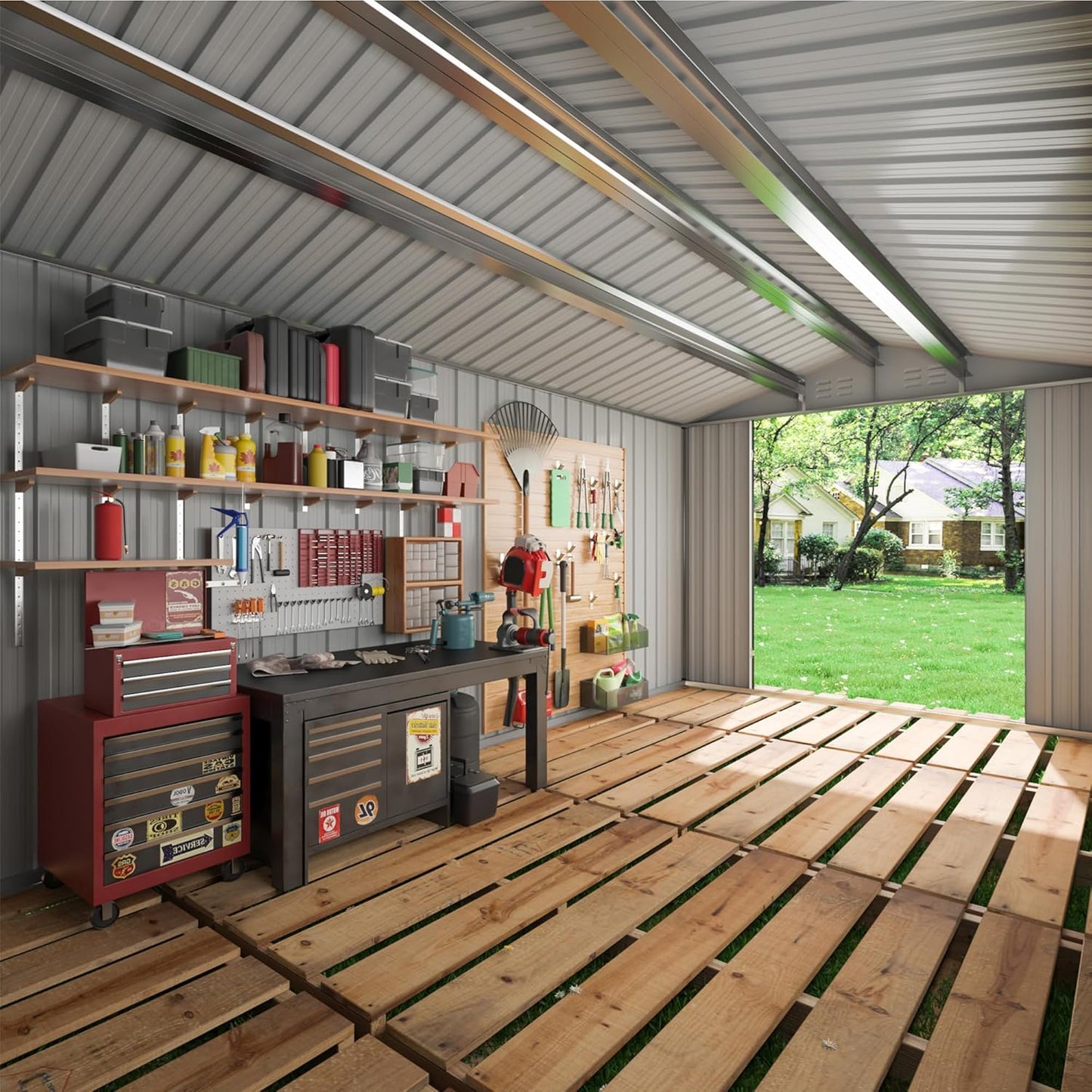 EASYHAWK 10x10 FT Outdoor Storage Shed, Utility Metal Tool Storage with Lockable Doors and Updated Frame Structure, Metal Garden Shed for Backyard, Patio Lawn, Black