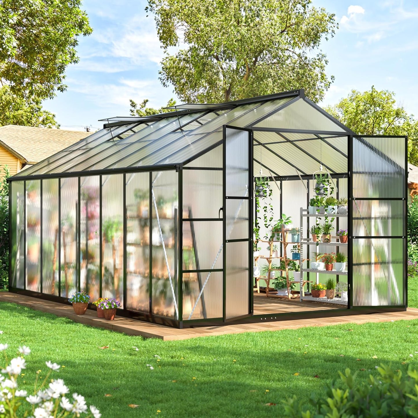 EASYHAWK 10 x 16 ft (approx. 10.6 x 16 m) greenhouse For outdoor use, polycarbonate greenhouse with roof vent and quick release structure Reinforced aluminum greenhouse For garden backyards, Black