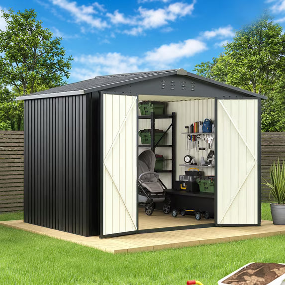 EASYHAWK 8x8 FT Metal Outdoor Storage Shed, Garden Tool Shed with Lockable Double Doors, Sloped Roof and Ventilation for Backyard, Patio and Lawn