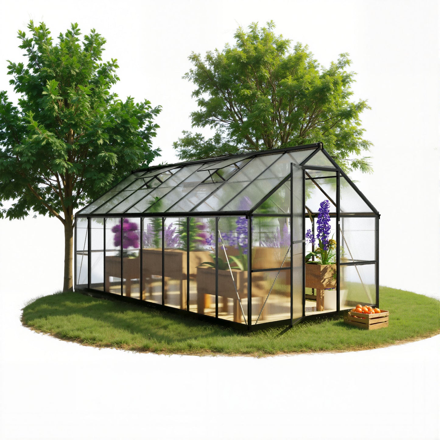 EASYHAWK 8 Ft. W x 16 Ft. D Outdoor Polycarbonate Greenhouse With Quick Setup, Roof Vent, and Aluminum Frame, black