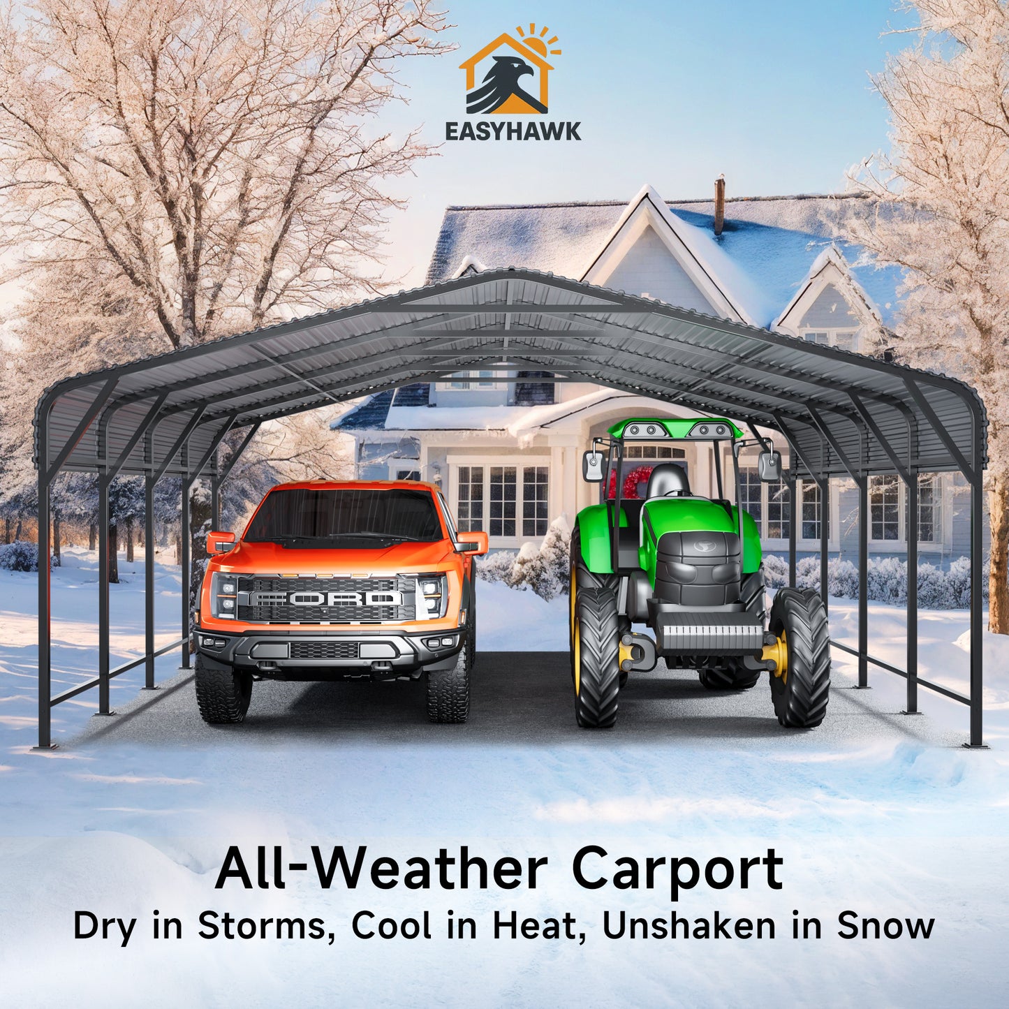 EASYHAWK  20 ft. W x 20 ft. D Metal Carport Steel Car Canopy and Shelter, Heavy Duty Carport for Cars, Boats, and Tractors, Grey