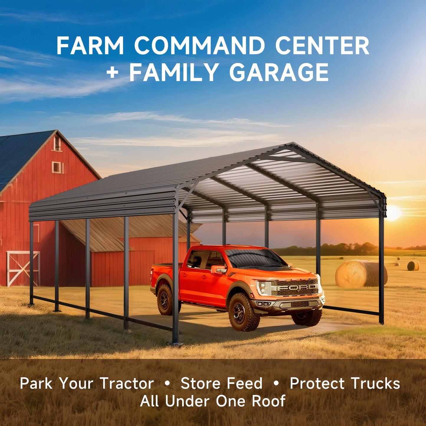 EASYHAWK  12 ft. W x 20 ft. D Metal Carport Steel Car Canopy and Shelter, Heavy Duty Carport for Cars, Boats, and Tractors, Grey