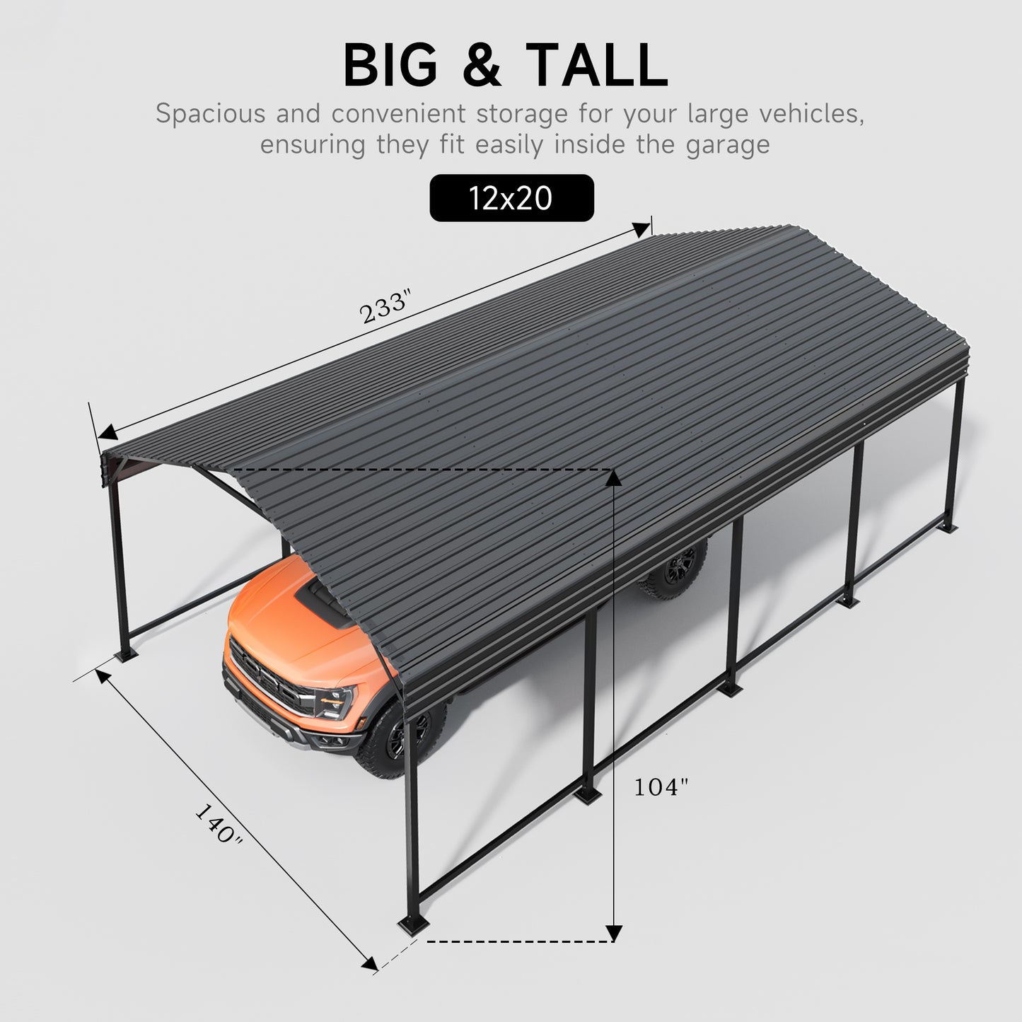 EASYHAWK  12 ft. W x 20 ft. D Metal Carport Steel Car Canopy and Shelter, Heavy Duty Carport for Cars, Boats, and Tractors, Grey