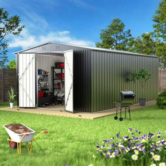 EASYHAWK 10ft x14ft Metal Outdoor Storage Shed, Heavy-Duty Steel Garden Shed with Lockable Doors for Backyard, Patio, Lawn
