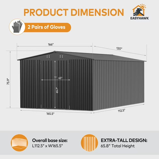 EASYHAWK 10ft x14ft Metal Outdoor Storage Shed, Heavy-Duty Steel Garden Shed with Lockable Doors for Backyard, Patio, Lawn