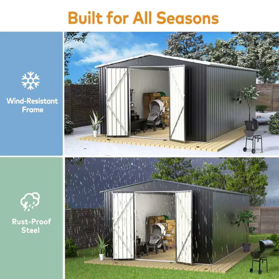 EASYHAWK 10ft x14ft Metal Outdoor Storage Shed, Heavy-Duty Steel Garden Shed with Lockable Doors for Backyard, Patio, Lawn