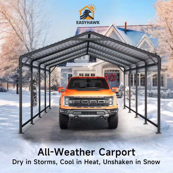 EASYHAWK 12x20 FT Heavy Duty Galvanized Steel Carport - Outdoor Metal Carport Vehicle Shelter for Cars, Trucks, SUVs, Boats & Tractors