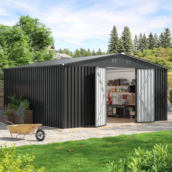 EasyHawk 14 ft x 12 ft Heavy-Duty Steel Metal Outdoor Storage Shed with Lockable Doors, Garden Shed for Backyard