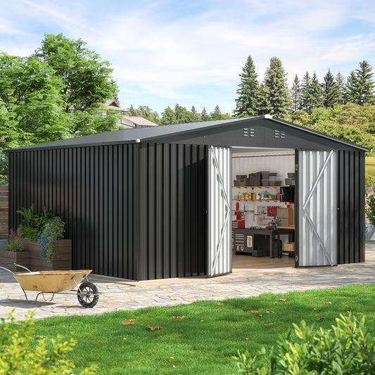 EasyHawk 14 ft x 12 ft Heavy-Duty Steel Metal Outdoor Storage Shed with Lockable Doors, Garden Shed for Backyard