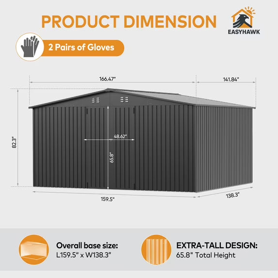EasyHawk 14 ft x 12 ft Heavy-Duty Steel Metal Outdoor Storage Shed with Lockable Doors, Garden Shed for Backyard