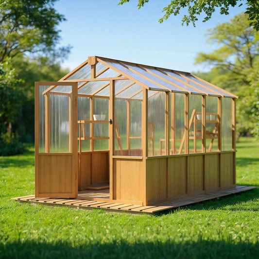 EASYHAWK 6 ft. W x 10 ft. D Wood Greenhouse for Outdoors,Polycarbonate Panel Wooden Walk-in Greenhouse Kit and Adjustable Roof Vent  with Lockable Door,Backyard Garden,Patio, Lawn