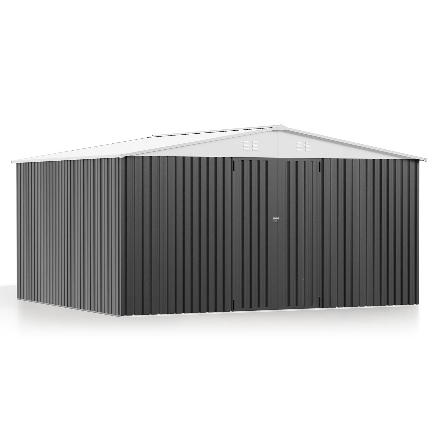 EasyHawk 14 ft x 12 ft Heavy-Duty Steel Outdoor Storage Shed with Lockable Doors, White Roof Garden Tool Shed