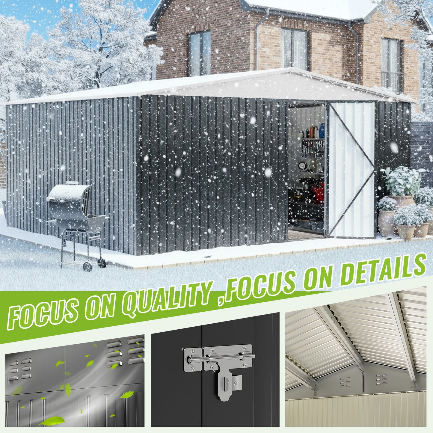 EasyHawk 14 ft x 12 ft Heavy-Duty Steel Outdoor Storage Shed with Lockable Doors, White Roof Garden Tool Shed