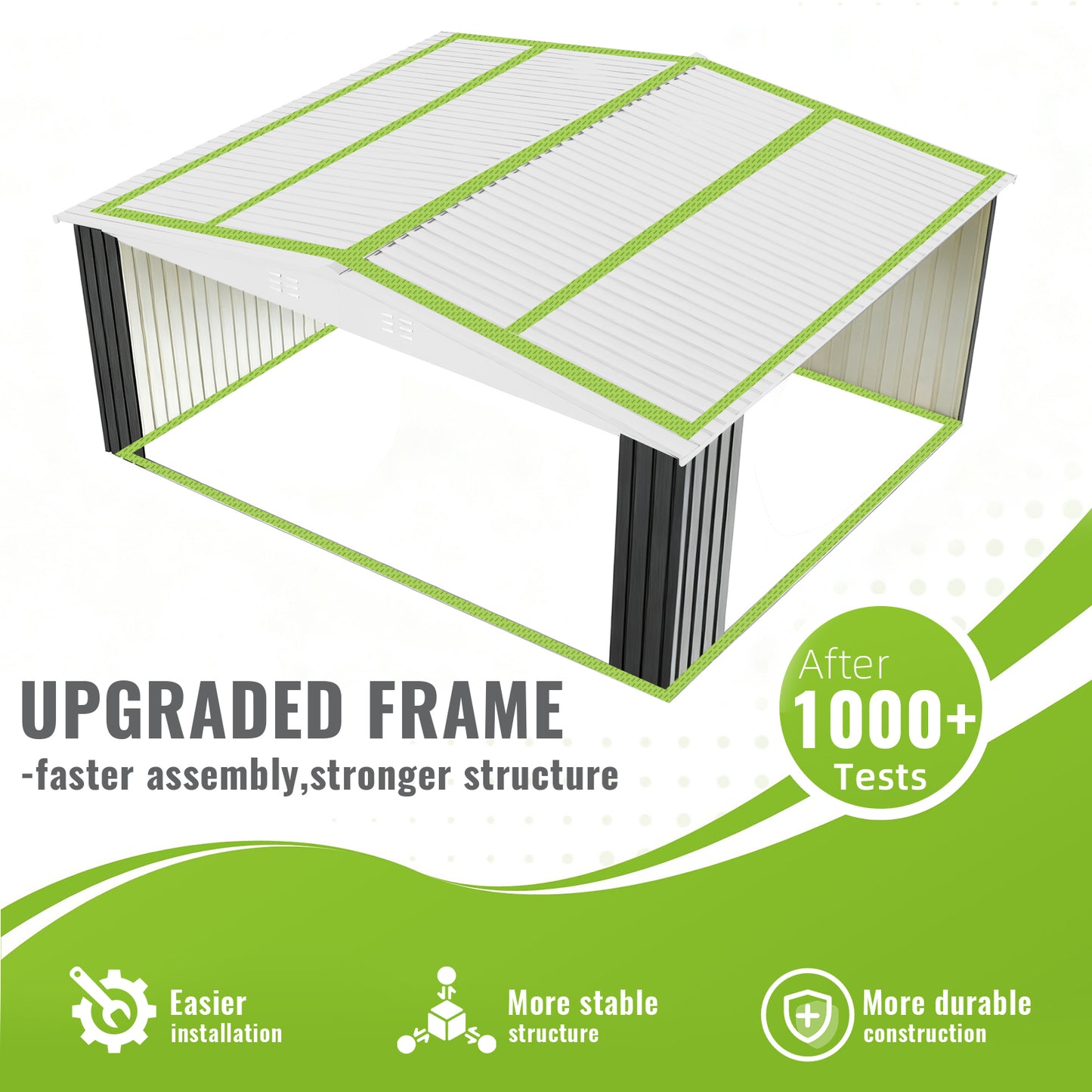 EasyHawk 14 ft x 12 ft Heavy-Duty Steel Outdoor Storage Shed with Lockable Doors, White Roof Garden Tool Shed