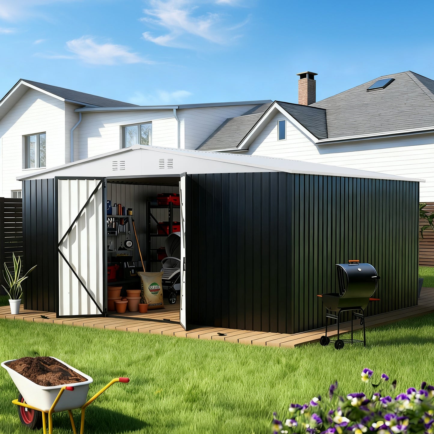 EasyHawk 14 ft x 12 ft Heavy-Duty Steel Outdoor Storage Shed with Lockable Doors, White Roof Garden Tool Shed