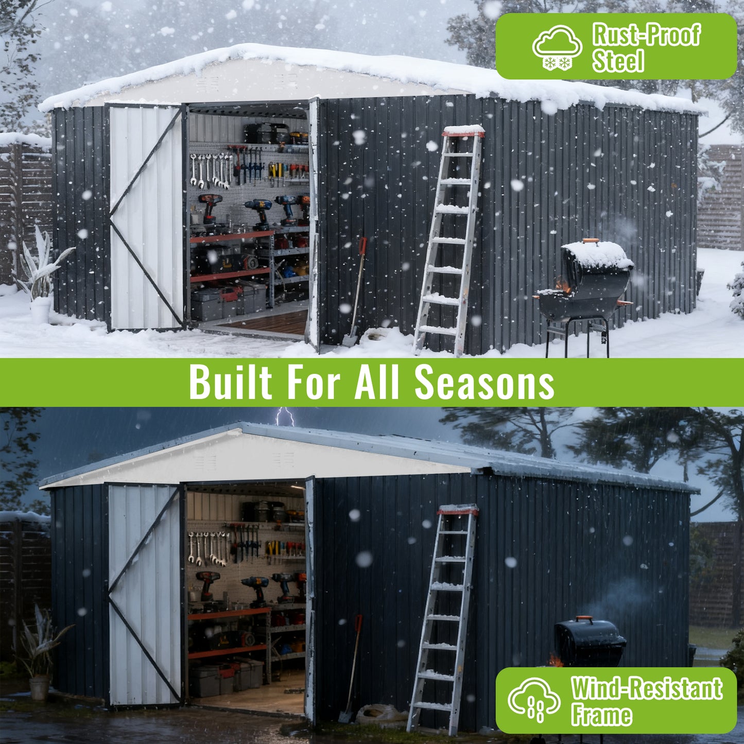 EasyHawk 14 ft x 12 ft Heavy-Duty Steel Outdoor Storage Shed with Lockable Doors, White Roof Garden Tool Shed