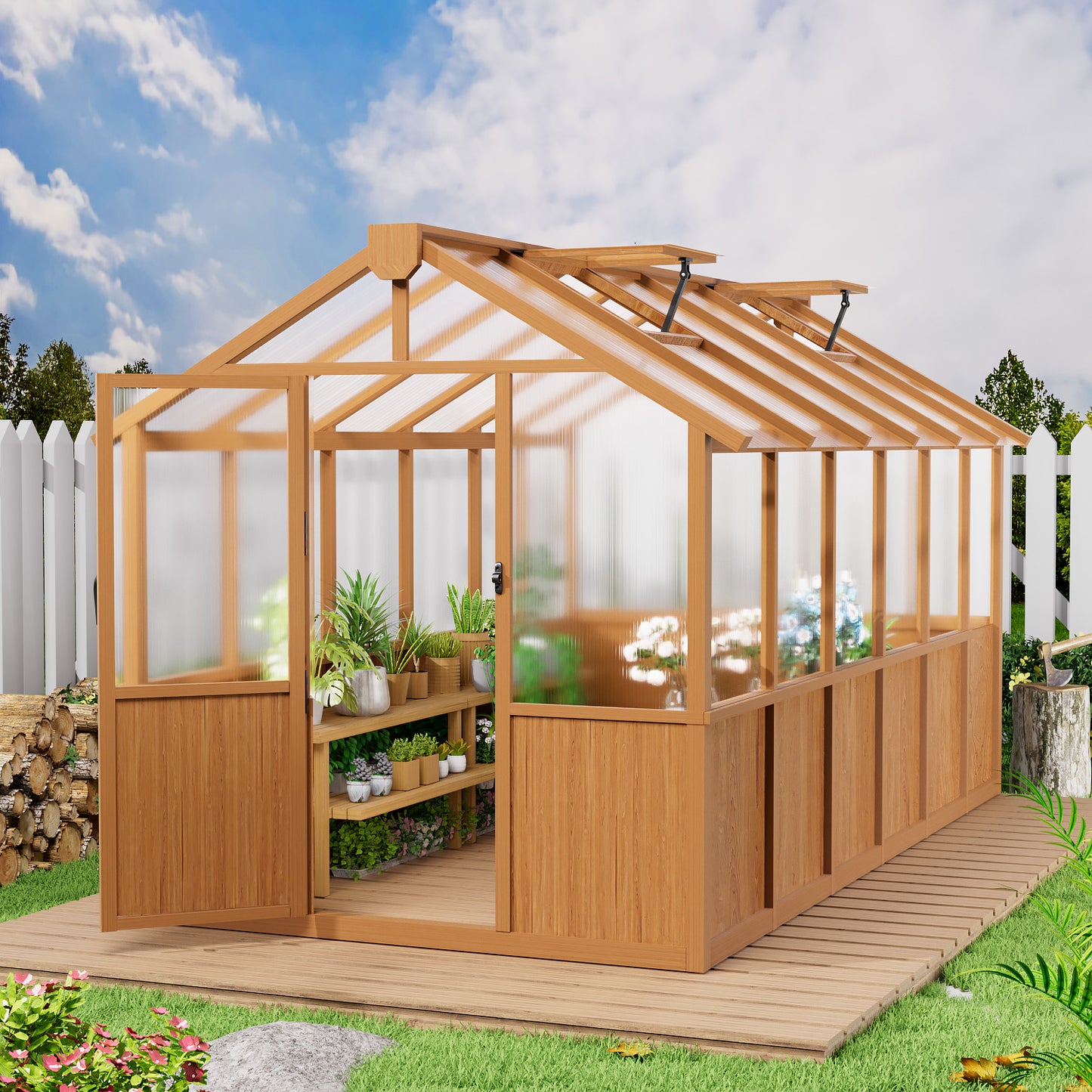 EASYHAWK 6 ft. W x 12 ft. D Wood Greenhouse for Outdoors,Polycarbonate Panel Wooden Walk-in Greenhouse Kit and Adjustable Roof Vent  with Lockable Door,Backyard Garden,Patio, Lawn