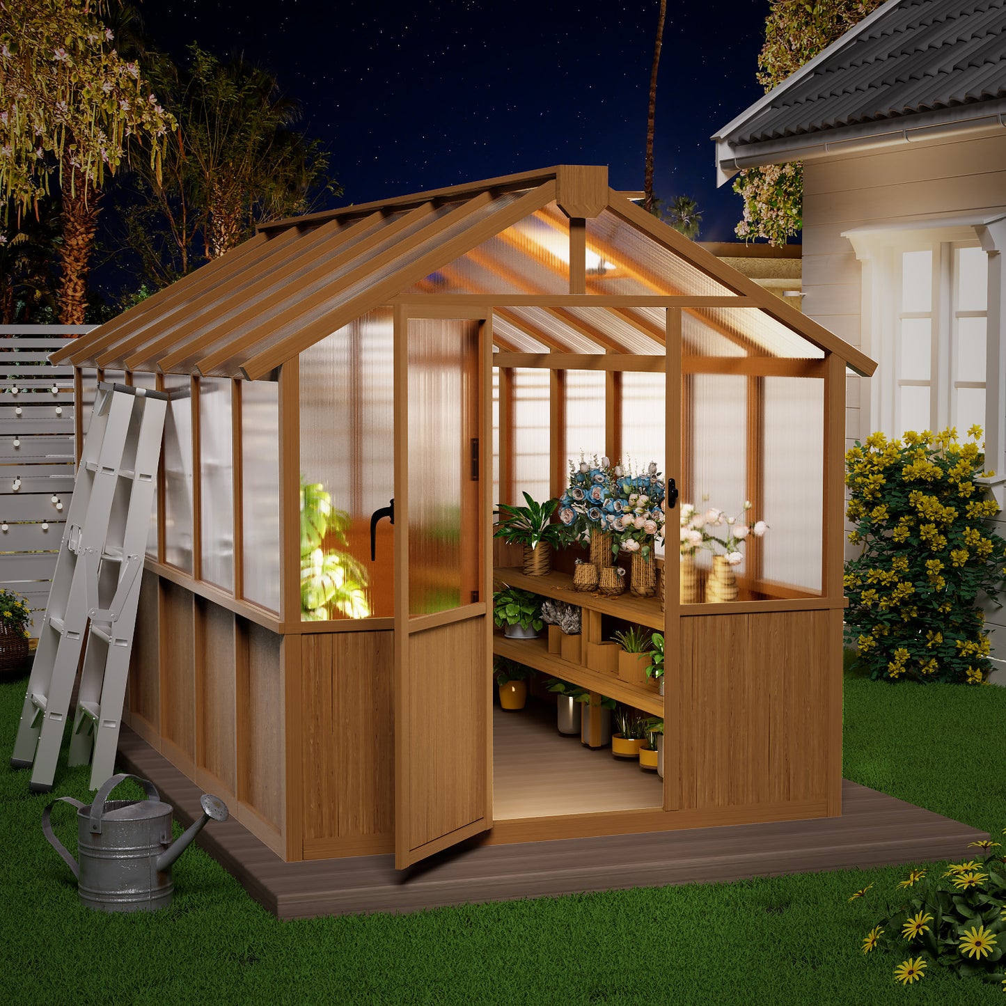 EASYHAWK 6 ft. W x 12 ft. D Wood Greenhouse for Outdoors,Polycarbonate Panel Wooden Walk-in Greenhouse Kit and Adjustable Roof Vent  with Lockable Door,Backyard Garden,Patio, Lawn