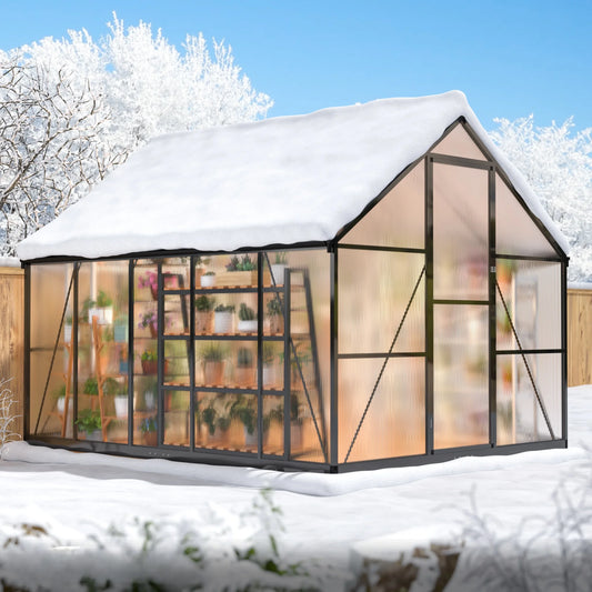 EASYHAWK 14'x8' Polycarbonate Greenhouse, Large Aluminum Walk-in Green House for Backyard