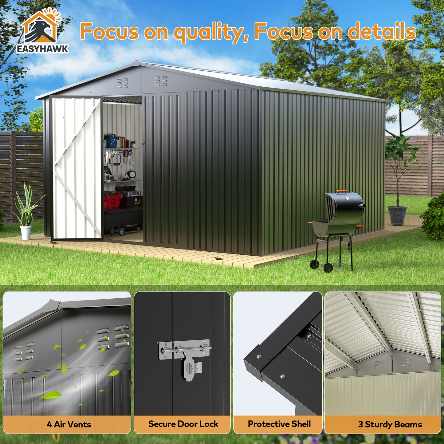 EASYHAWK 10FT x10FT Metal Outdoor Storage Shed, Heavy-Duty Steel Garden Shed with Lockable Doors for Backyard