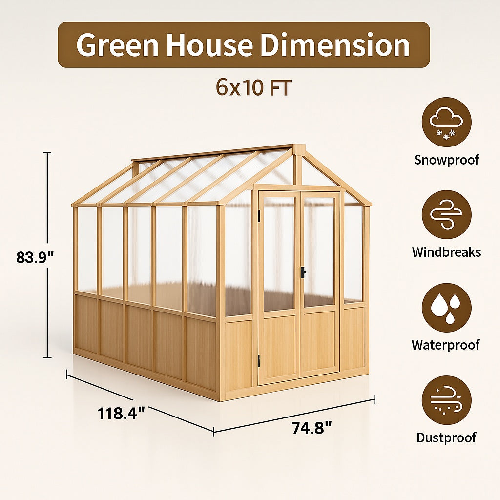 EASYHAWK 6 ft. W x 10 ft. D Wood Greenhouse for Outdoors,Polycarbonate Panel Wooden Walk-in Greenhouse Kit and Adjustable Roof Vent  with Lockable Door,Backyard Garden,Patio, Lawn