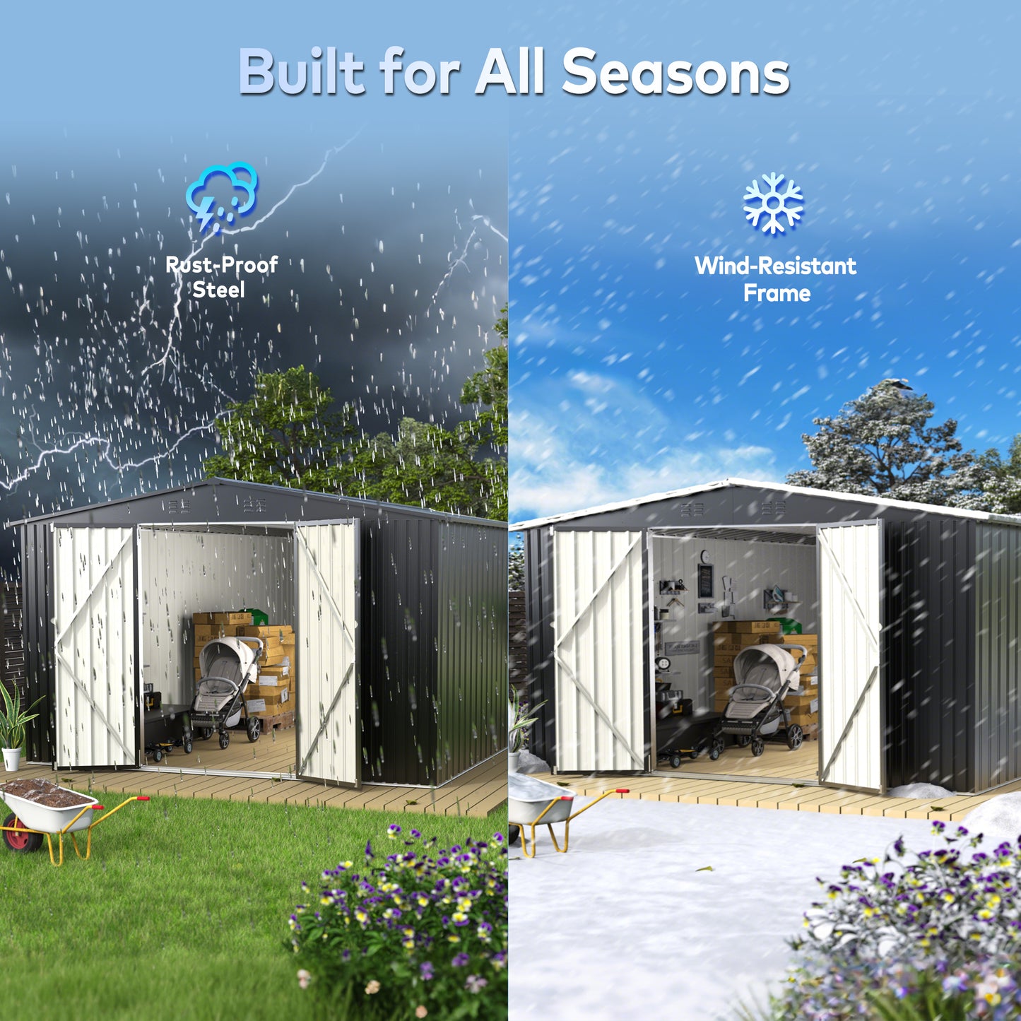 EASYHAWK 14 FT x12FT Metal Outdoor Storage Shed, Heavy-Duty Steel Garden Shed with Lockable Doors for Backyard