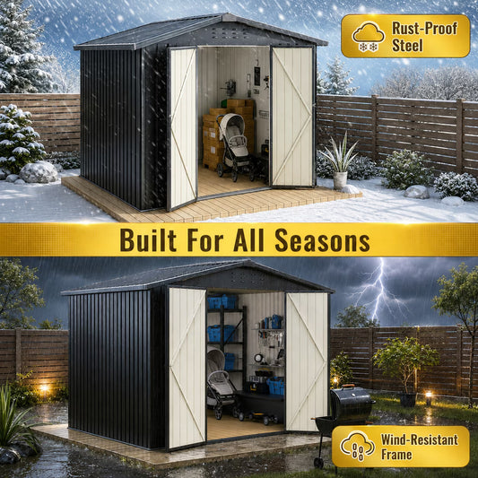 EASYHAWK 8x8 FT Metal Outdoor Storage Shed, Garden Tool Shed with Lockable Double Doors, Sloped Roof and Ventilation for Backyard, Patio and Lawn