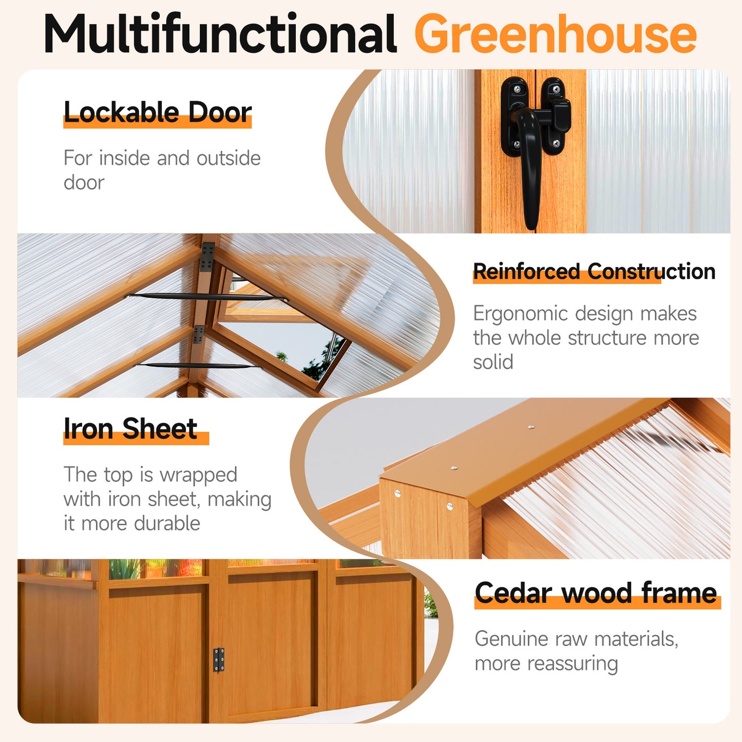 EASYHAWK 6 ft. W x 12 ft. D Wood Greenhouse for Outdoors,Polycarbonate Panel Wooden Walk-in Greenhouse Kit and Adjustable Roof Vent  with Lockable Door,Backyard Garden,Patio, Lawn