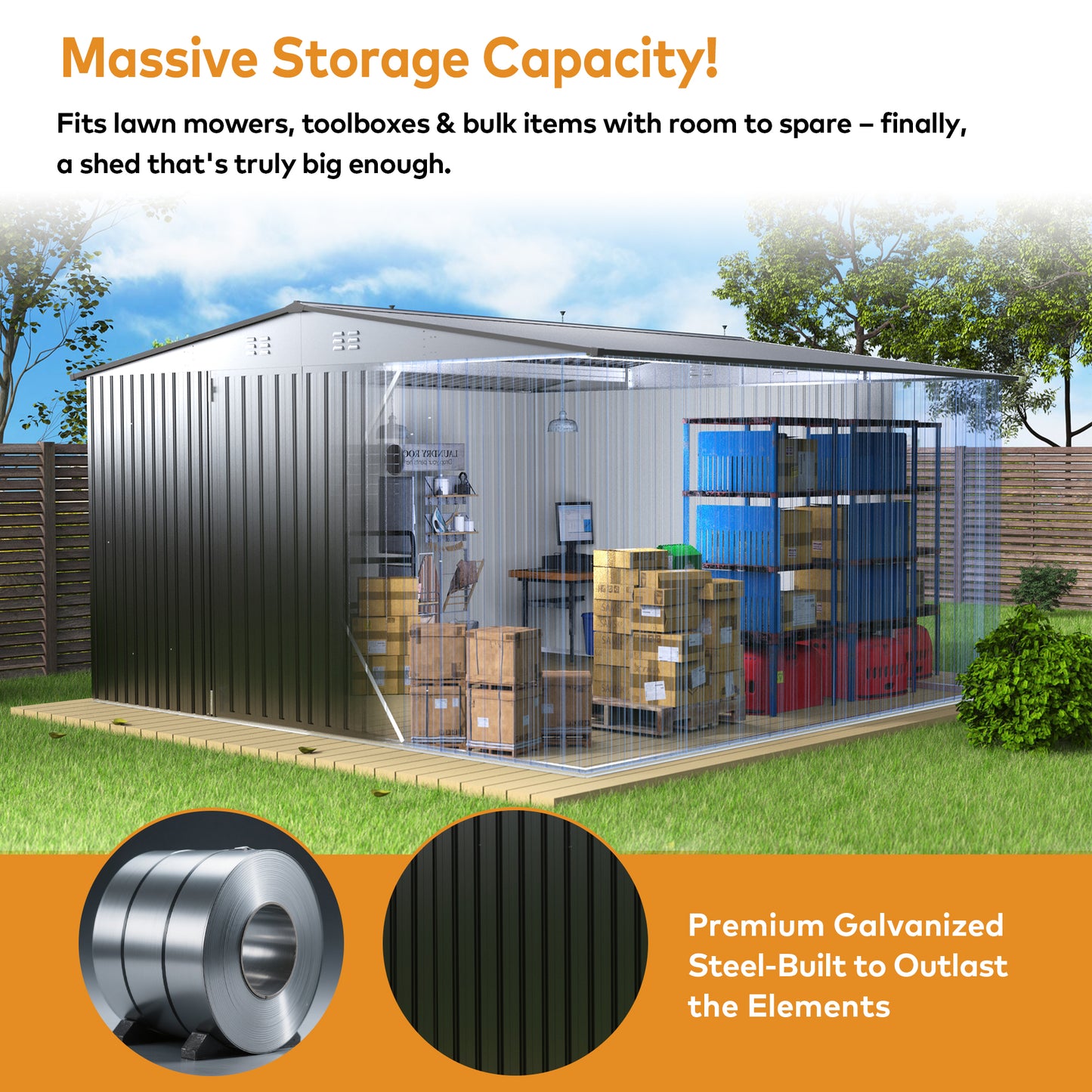 EASYHAWK 14 FT x12FT Metal Outdoor Storage Shed, Heavy-Duty Steel Garden Shed with Lockable Doors for Backyard