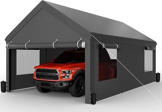 EASYHAWK Carport, 12 x 20 ft (Approx. 3.7 x 6.1 m) Heavy Duty Carport w/Roll Up Windows, Portable Garage w/Removable Sidewalls and Doors, Vehicle Awning w/Sandbags and All Season Canopy for Car Boat Truck Motorcycle