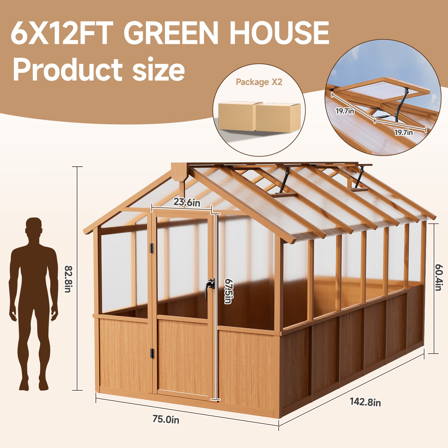 EASYHAWK 6 ft. W x 12 ft. D Wood Greenhouse for Outdoors,Polycarbonate Panel Wooden Walk-in Greenhouse Kit and Adjustable Roof Vent  with Lockable Door,Backyard Garden,Patio, Lawn