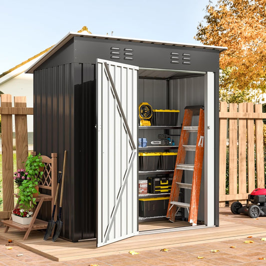 EASYHAWK 5x3 Feet (Approx. 5.2 x 3 Meters) Outdoor Storage Shed, Utility Metal Tool Storage with Lockable Door and Renewable Frame Structure, Metal Garden Shed for Backyard, Patio Lawn, Black, Black