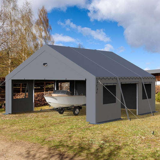EASYHAWK 20x20 Carport Canopy, Heavy Duty Car Port, Portable Garage Carports with 4 Roll Up Doors, Grey