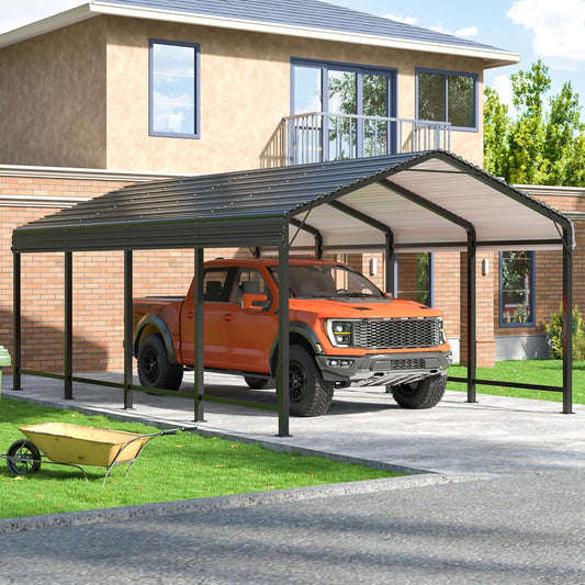 EASYHAWK Carport 12 x 20 ft (Approx. 40.6 x 20 m) Metal Carport with Reinforced Base Outdoor Heavy Duty Garage Galvanized Car Shelter for Pickups, Boats, Vehicles and Tractors