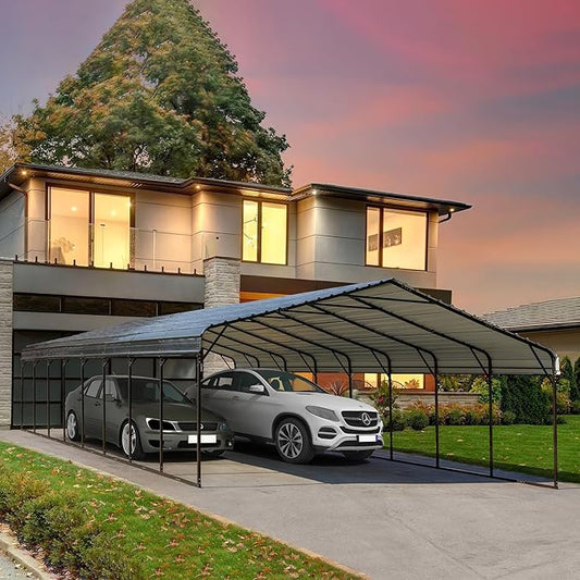 EASYHAWK Carport 20x40 FT, Heavy Duty Car-port, Car-Shelter with Galvanized Metal Roof and Frame, Easy Assembly Car-Shed with Enhanced Base, Expanding Garage Space for Pickup, 2 Cars, Boat and Tractors